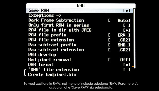 Abilitare lo scatto in RAW